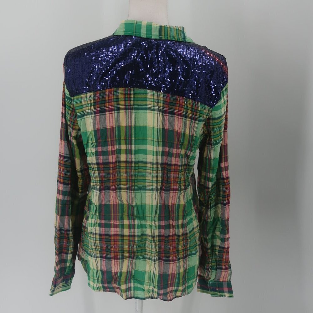 E2 Clothing Plaid Shirt w Blue Sequin Back Detail Size Large